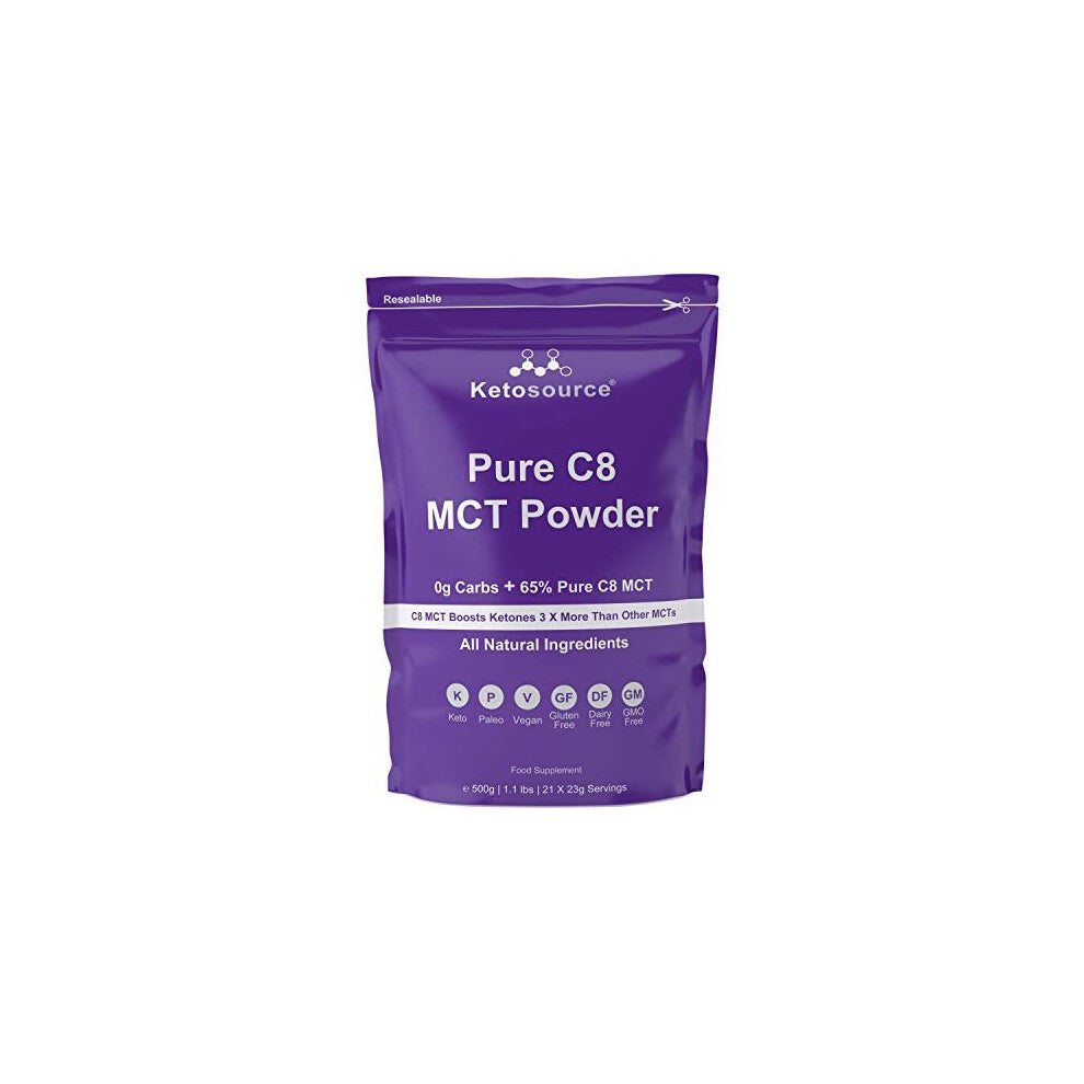 Pure C8 MCT Powder 500g - 4x Ketone Boost, Zero Carbs, Easy Mixes, Keto Creamer for Coffee, Vegan & Gluten-Free