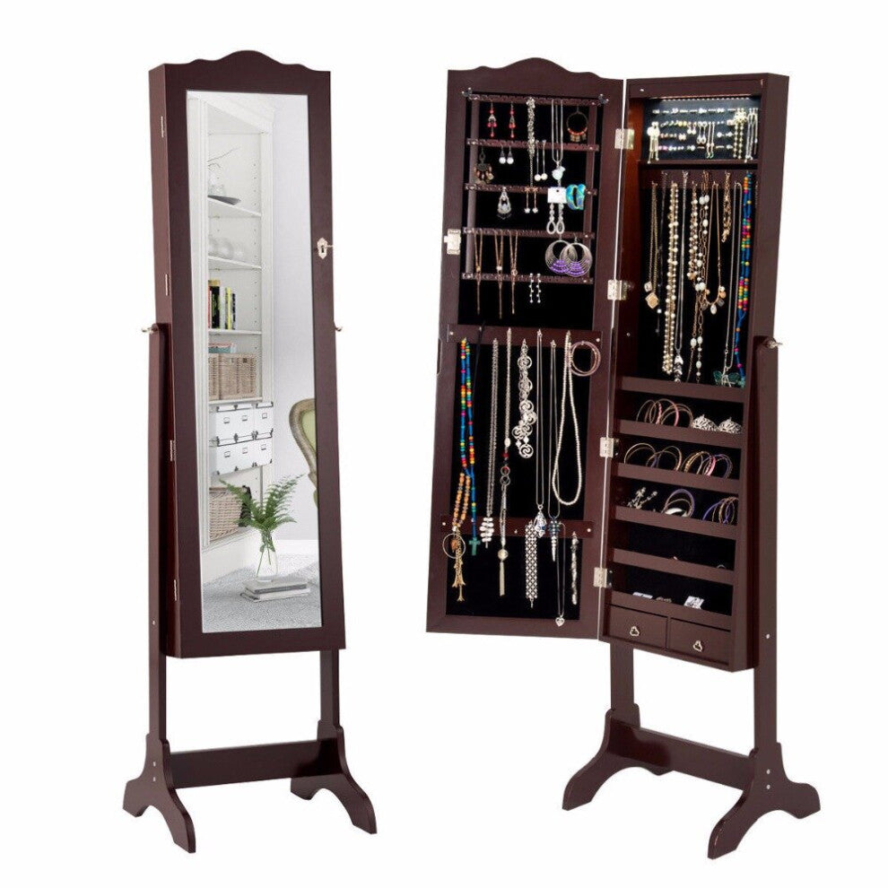 Mirrored Jewelry Cabinet Armoire Storage Organizer w-Drawer & Led Lights Brown-White HW66084