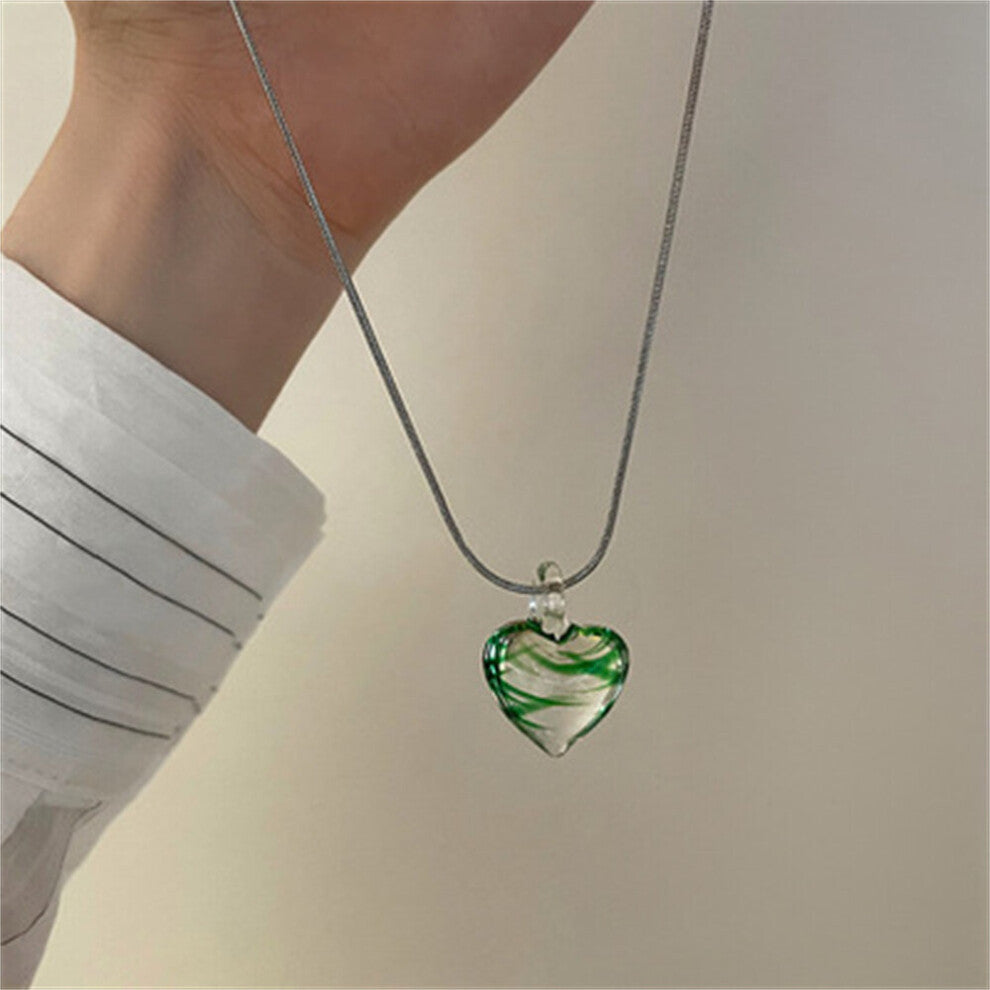 Green Zebra-Stripe Glass Heart Pendant Titanium Steel Chain Necklaces for Women Chokers Unusual Necklace Jewelry