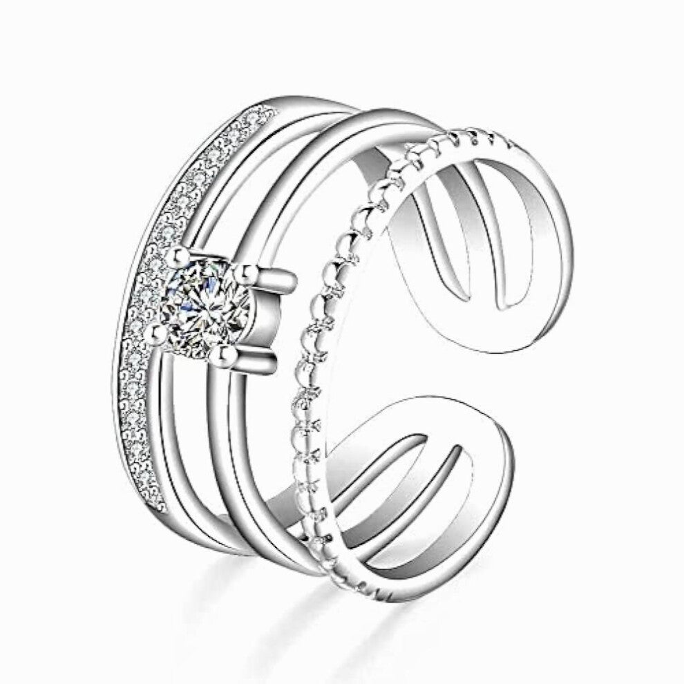 Plated Tired Open Ring With Cubic Zirconia, Three Layered Ring, Pave Shining Band Stacking Dainty Rings For Women()