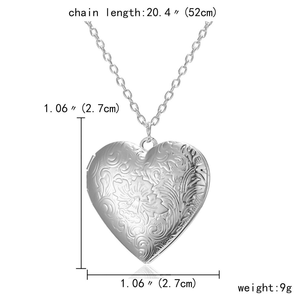 Unique Carved Heart-shaped Photo Frame Pendant Necklace Charm Openable Locket Necklaces Women Men Memorial Jewelry