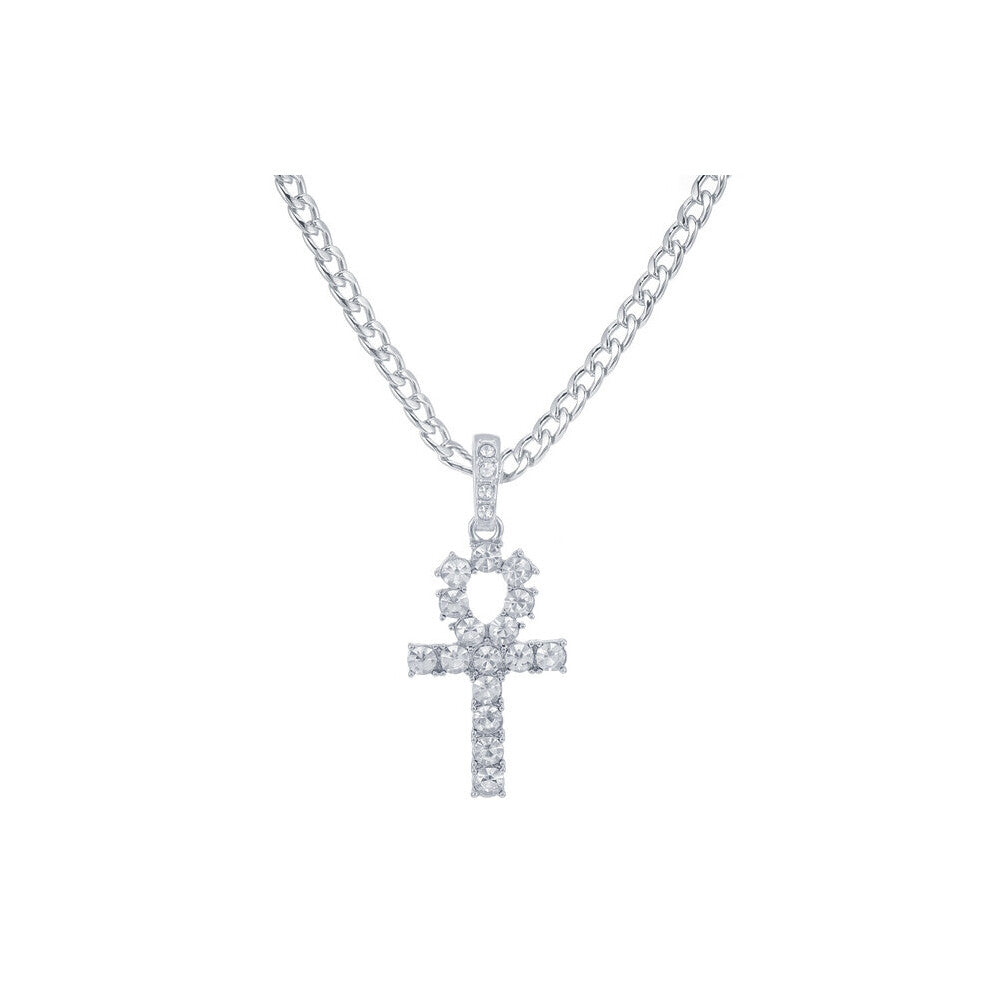(Light Yellow Gold Color, 45cm) Men alloy Iced out Ankh Cross Pendant tennis chain CZ rhinestone Egyptian Key of Life Pendant&Necklace Women Hip Hop J