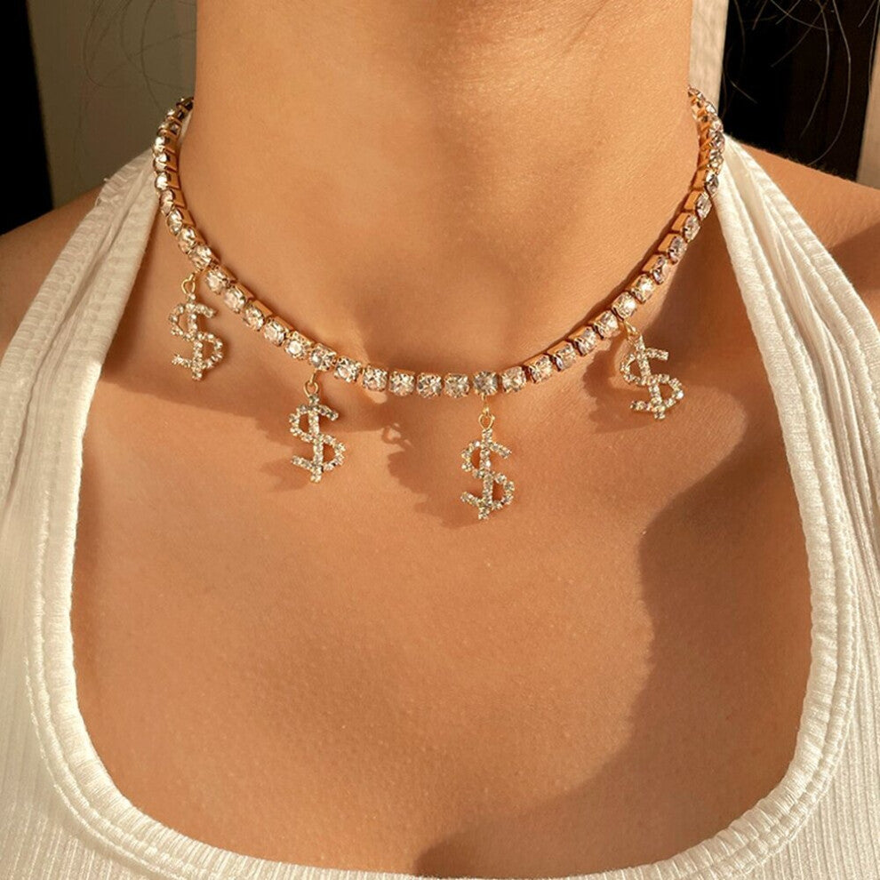 Hip Hop Iced Out Crystal Dollar Sign Pendant Necklace For Women Bling Rhinestone Tennis Chain Choker Necklace Jewelry