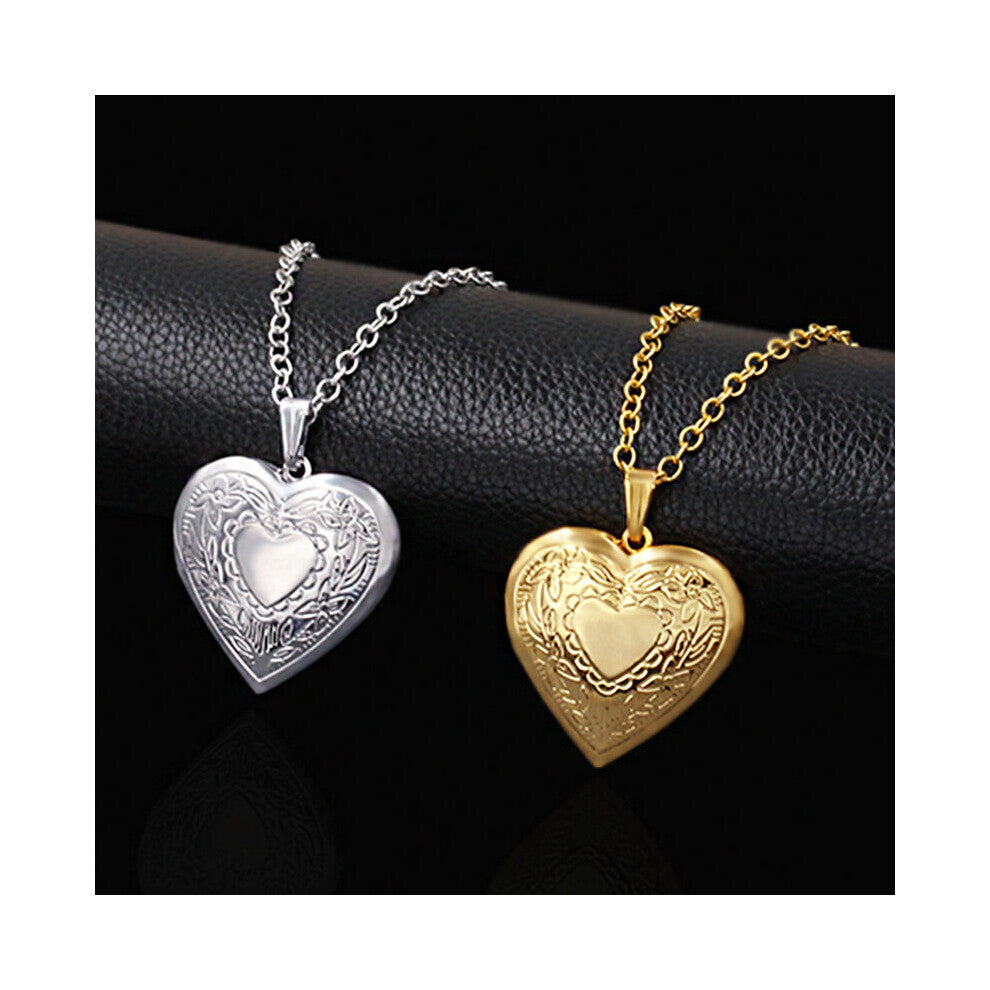 (Gold-color, 40cm) Heart Locket Pendants Necklaces For Women photo frame Valentine Necklace 45-66cm Gift Jewelry