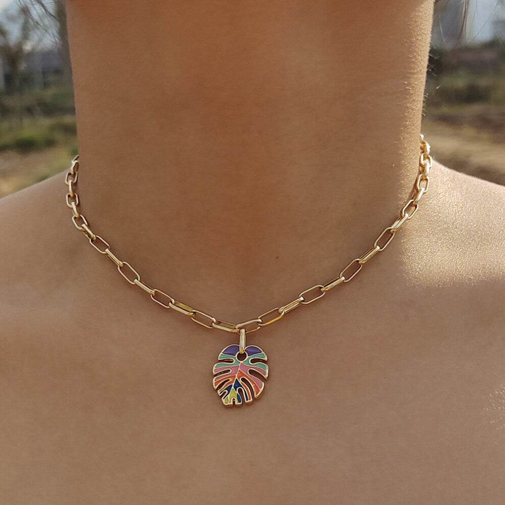 ZX Colorful Green Enamel Leaf Statement Pendant Necklace for Women Maxi Chain Chokers Necklace Jewelry Gift