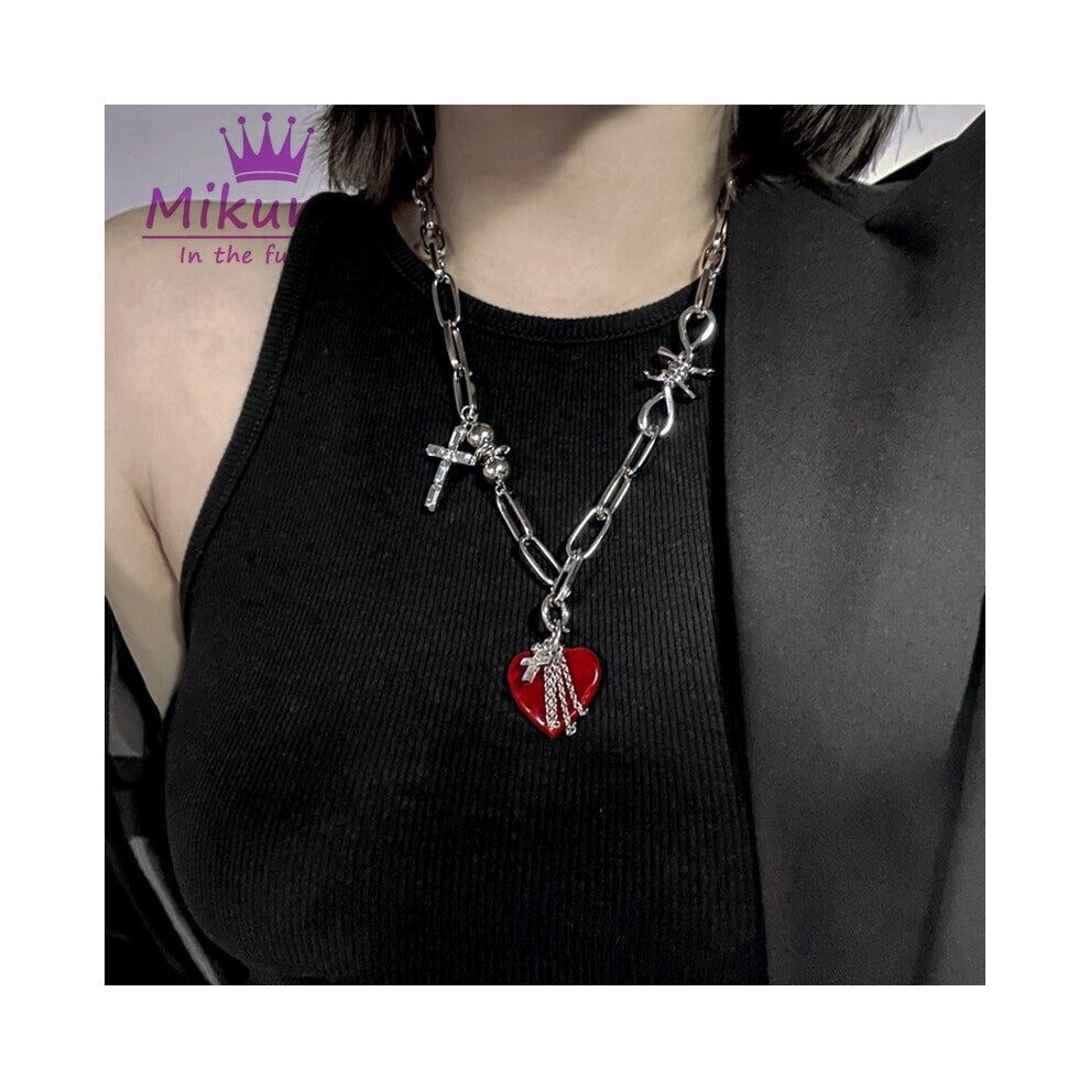 Gothic Love Heart Thorns Cross Chain Silver Necklace Punk Style Women Chokers Streetwear Accessories