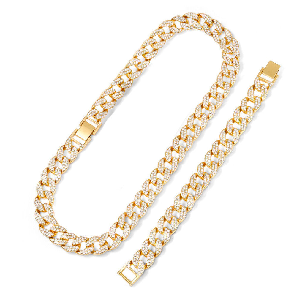 (Pink, 25cm) Hip Hop 15MM 3PCS KIT Silver Watch+Necklace+Bracelet Bling Crystal AAA+ Iced Out Cuban Rhinestones Chains For Men Jewelry