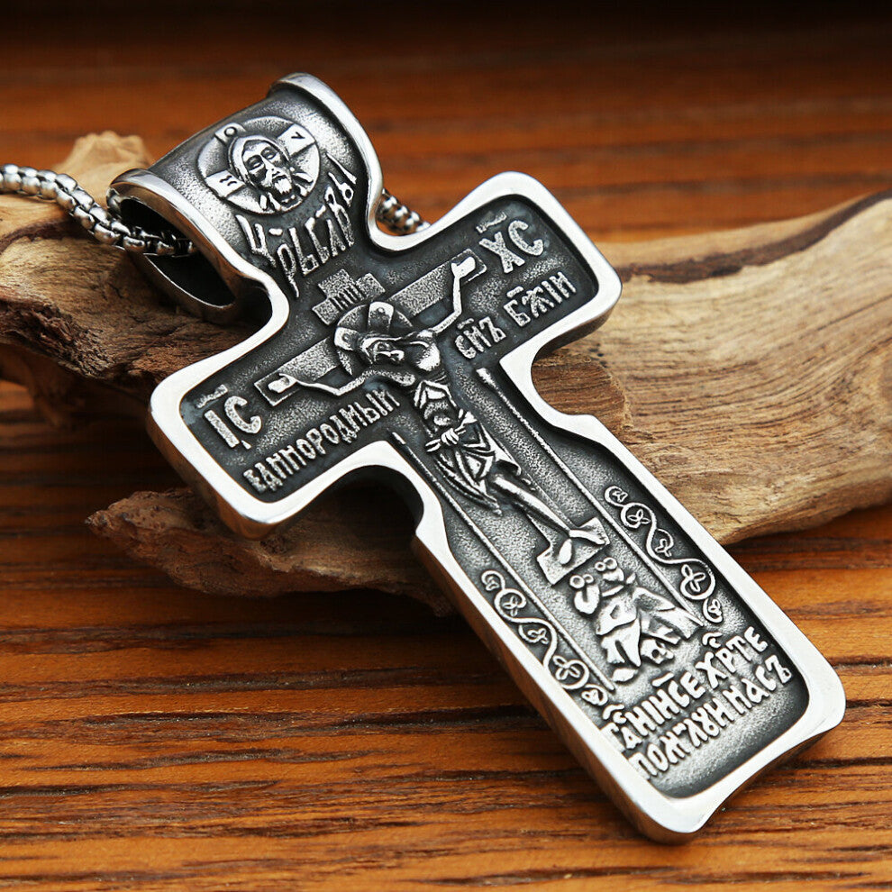 (White, 70cm) Large Size Vintage Jesus Necklace For Men Punk Stainless Steel Christian Cross Pendant Biker Amulet Jewelry Gift