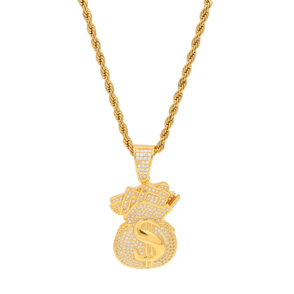 (Gold-color, 50cm) TBTK US Dollar Purse Shape Pendants Hiphop Men Necklaces Money Bag Pendant Necklace Bling CZ Stones Jewelry Gift