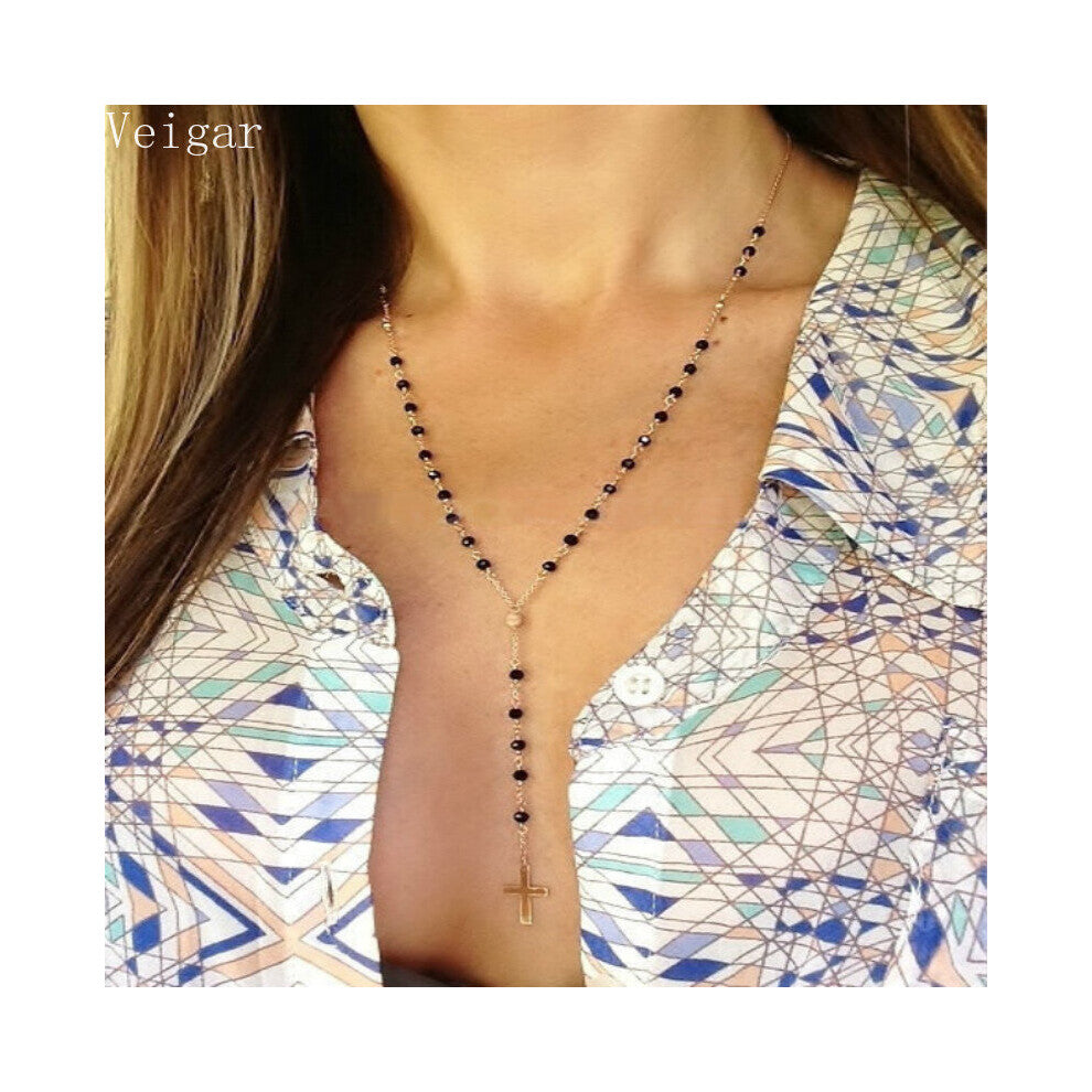 Silver Chain Crystal Beads Necklace Cross-pendant Y Shap Body Jewelry Jewellery Collier Ras Du Cou