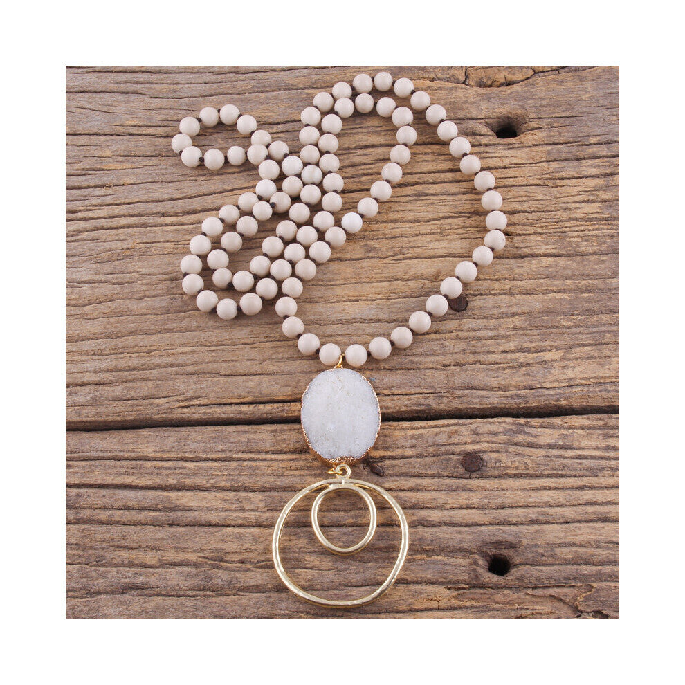 RH Bohemian Jewelry Semi Precious Stones Knotted Natural Druzy Stone Links Round Metal Pendant NecklacesWomen Boho Gift