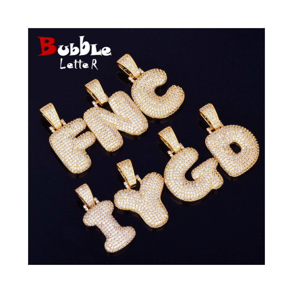 (White, 50cm) A-Z Single Bubble Letters Necklaces & Pendant Chain For Men Women Cubic Zircon Hip Hop Jewelry