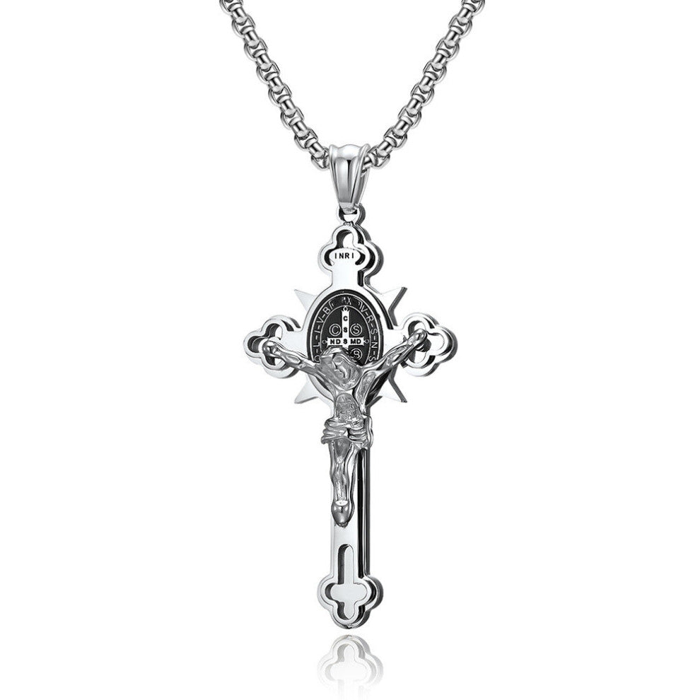 (White) Vintage Catholic Jesus Cross Pendant Necklace For Men Punk Biker Amulet Stainless Steel Jesus Necklace Jewelry Gift