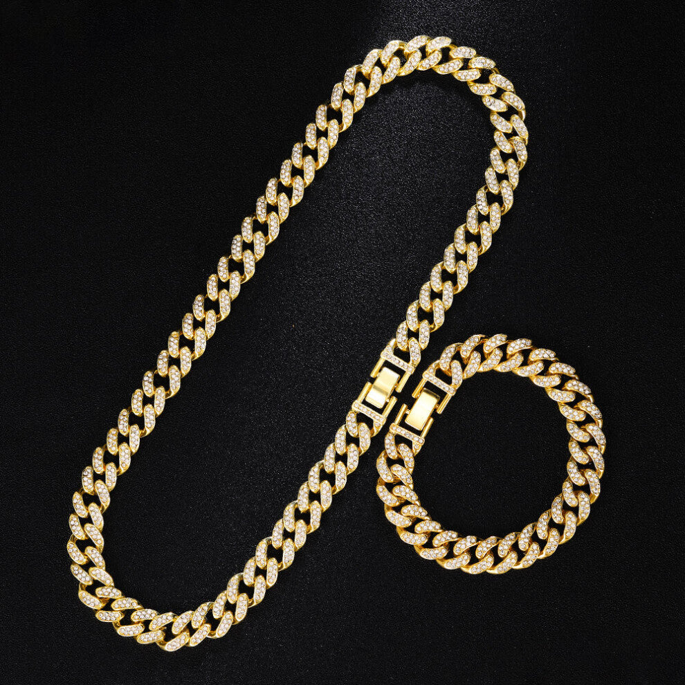 (Light Yellow Gold Color, 40cm) Iced Out Paved Rhinestone Necklace+Bracelet+Watch Suit Men Hip Hop Rapper Cuban Chain Necklaces Men African Jewelry