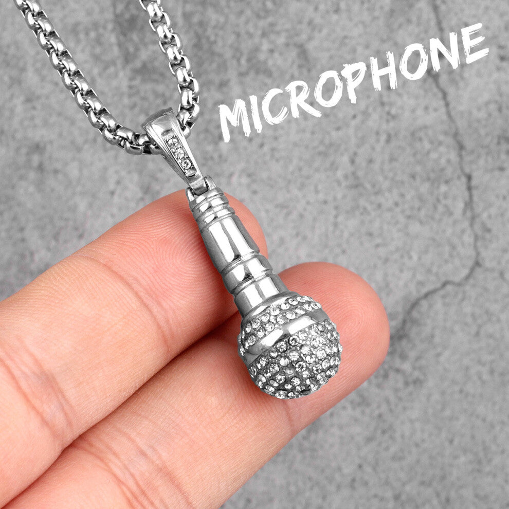 (Light Yellow Gold Color, Without Chain) Host Singer Microphone Long Men Necklace Pendant Chain Punk for Boyfriend Male Stainless Steel Jewelry Creati