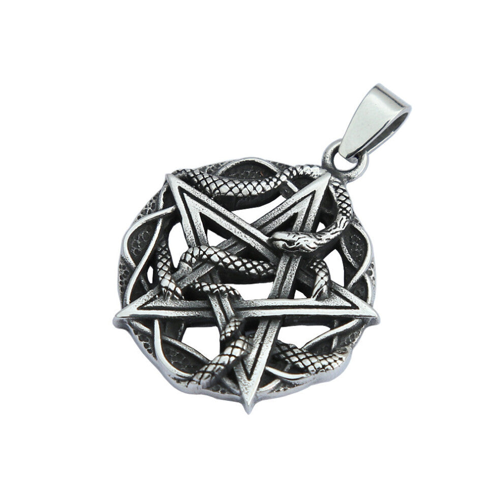 (Steel color, 70cm) Vintage Black-Steel Pentagram Pendant Stainless Steel Coiled Snake Necklace Men's Biker Amulet Jewelry Gift