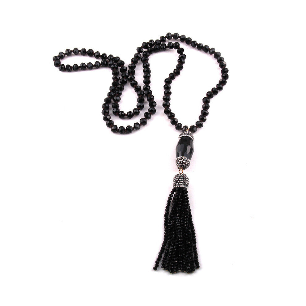 Bohemian Jewelry Crystal Glass Knotted Handmake Paved Crystal Tubes Tassel Long Necklace