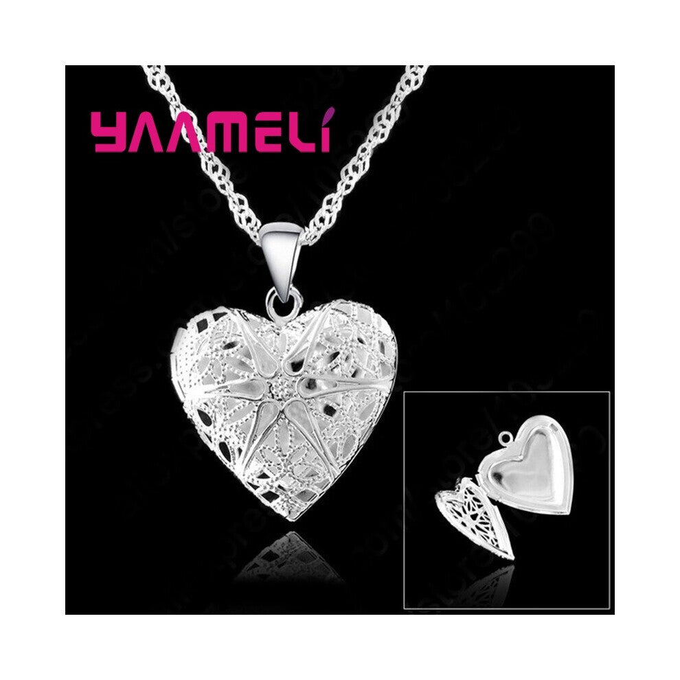 Hollow Out 925 Sterling Silver Chains Necklace Heart Shape Open Case Photo Frame Pendants Necklaces For Women Party Jewelry