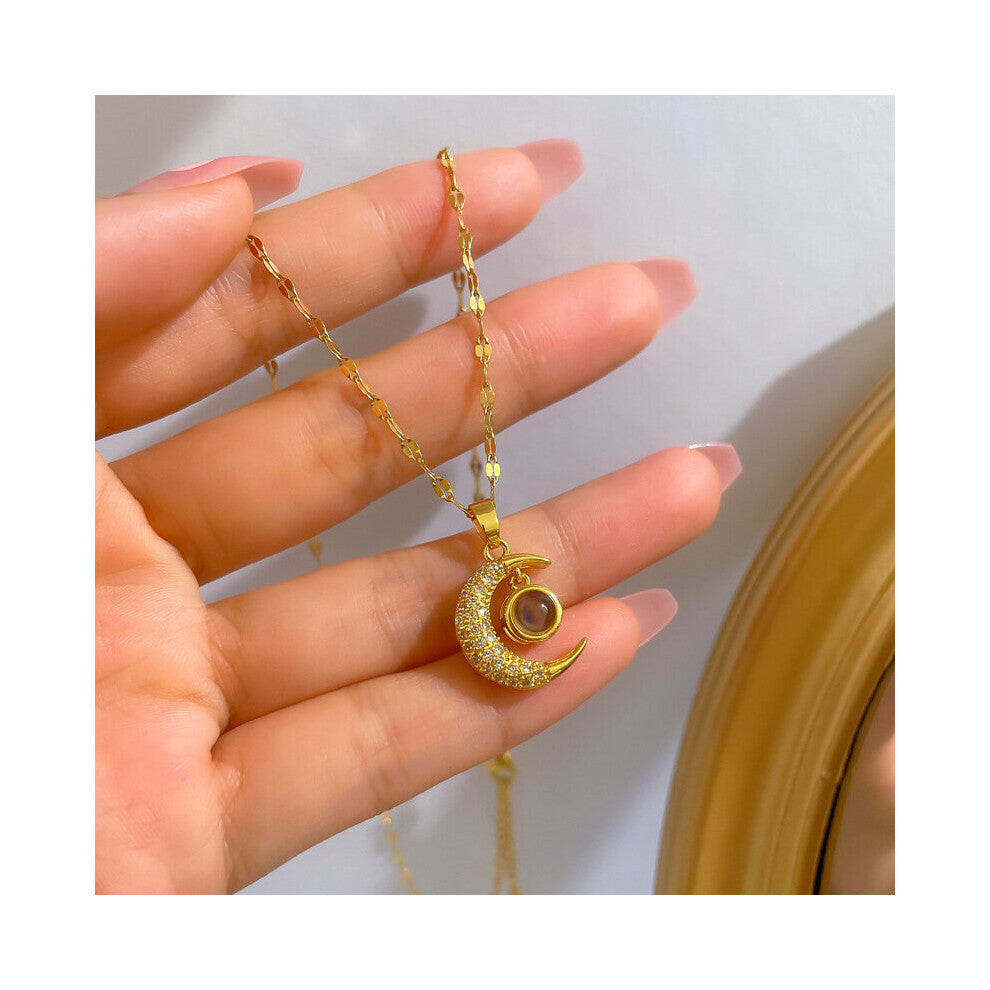 Full Crystal Rhinestone Moon 100 Language Pendant Titanium Steel Necklace for Gift Colliers Dollane Women Necklace