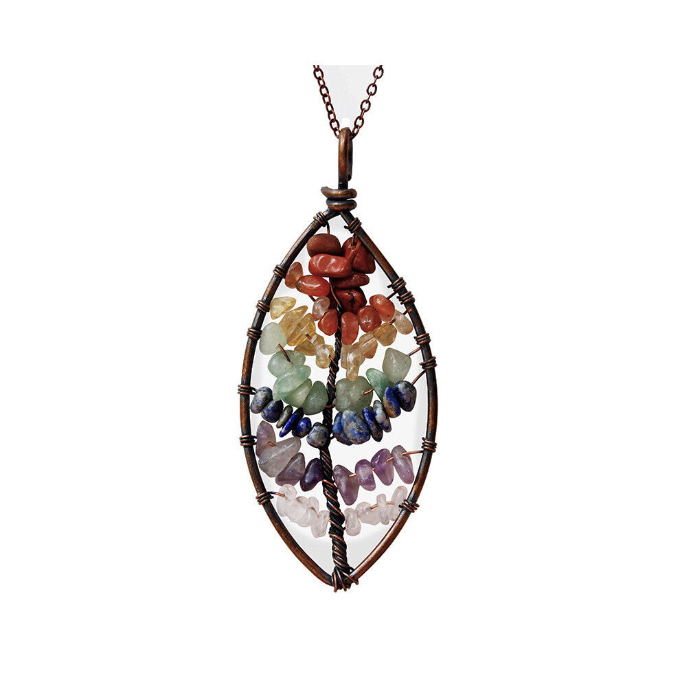 Tree of Life Copper Wire Wrapped 7 Chakra Chip Stones Natural Quartz Necklace Reiki Healing Crystal Point Chakra Pendant Jewelry