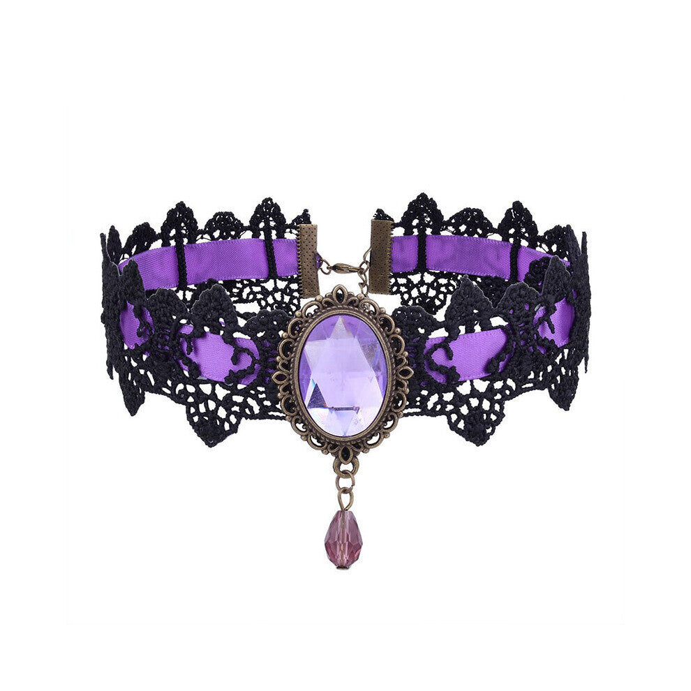 Lace Necklace for Women Gothic Braided Chokers with Gemstone Autumn Winter Vintage Jewelry for Party Wedding