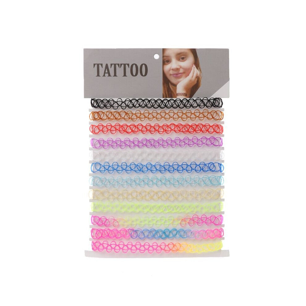 12pcs Tattoo Rainbow Chokers Necklace Stretch Henna Gothic Elastic Women Jewelry Gorgeous Stretch Clavicle Chain Colla