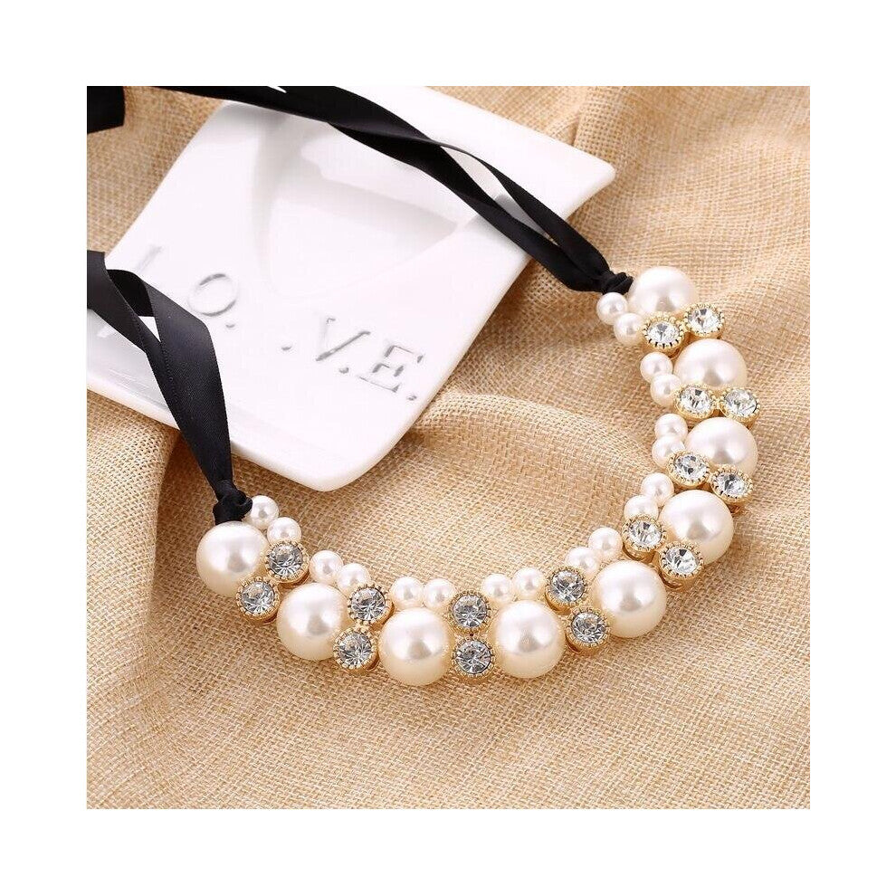 Pearl Chokers Necklace Beads Rhinestone Ribbon Necklaces&Pendants Statement Necklace For Women