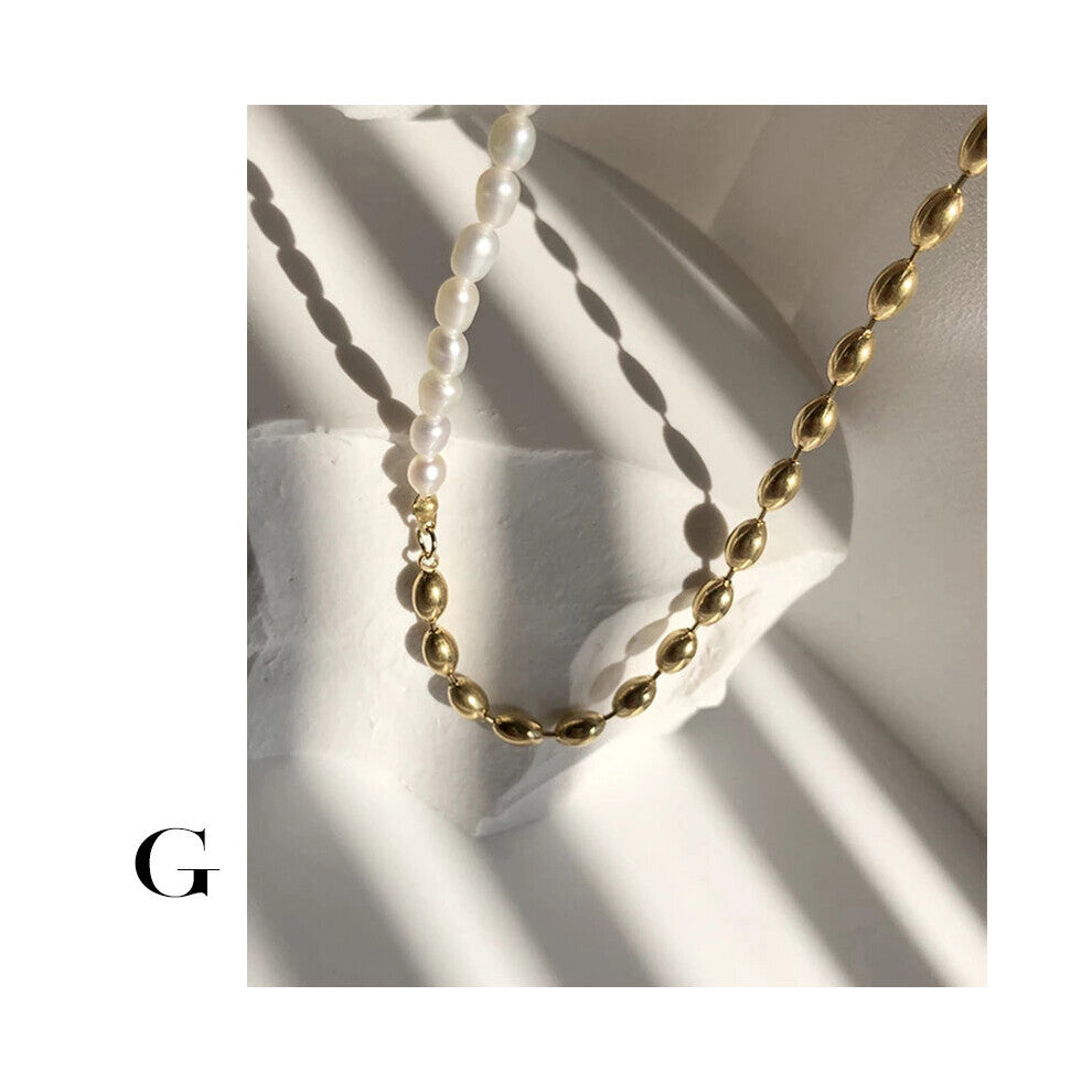 Summer Bohemian Beads & Pearls Stitching Necklaces S.Steel Irregular Natural Freshwater Pearl Chain Chokers