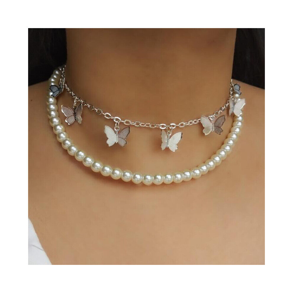 Vintage Pearl Double Layer Clavicle Chain Necklace Creative Personality Butterfly Pendant Short Chokers Necklaces for Women