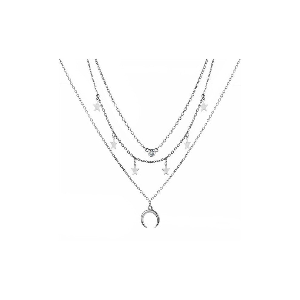 Ethnic Vintage Moon Star Round Chain Chokers Necklace for Women Crystal Pendants Multilayer Necklace Silver Jewelry