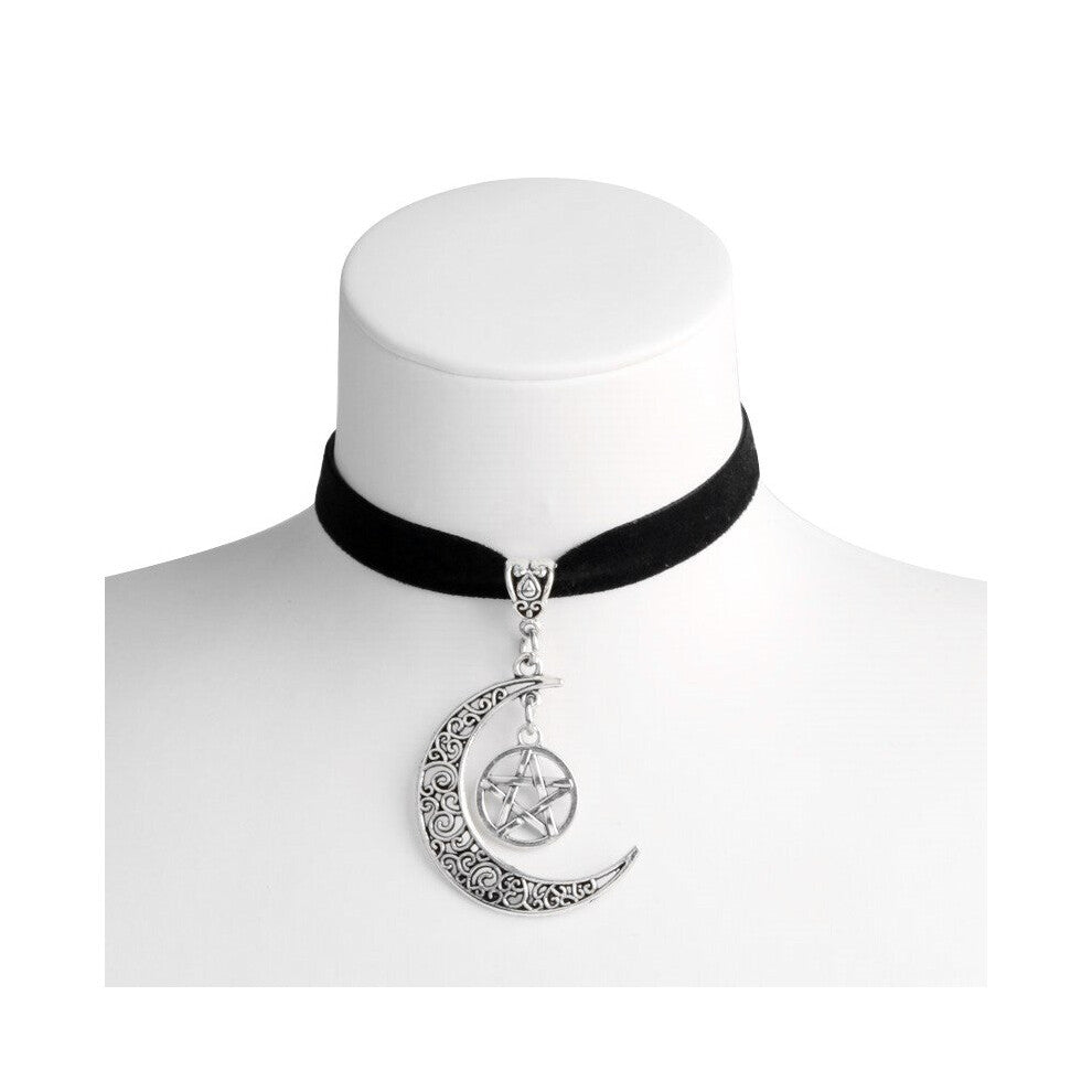 Dark Goth Moon Pentagram Pendant Chokers Necklace Witchy Velvet Necklaces Pagan Witchcraft For Women Mystical Jewelry
