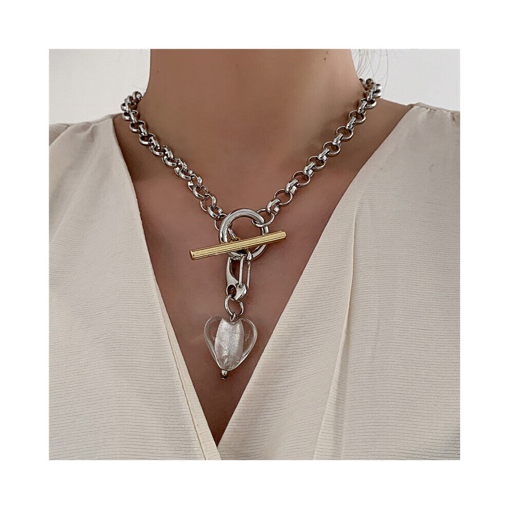 Vintage Hyperbole Green Glass Pendant Necklace For Women Punk Metal Coarse Chain Chokers Necklace Party Jewelry