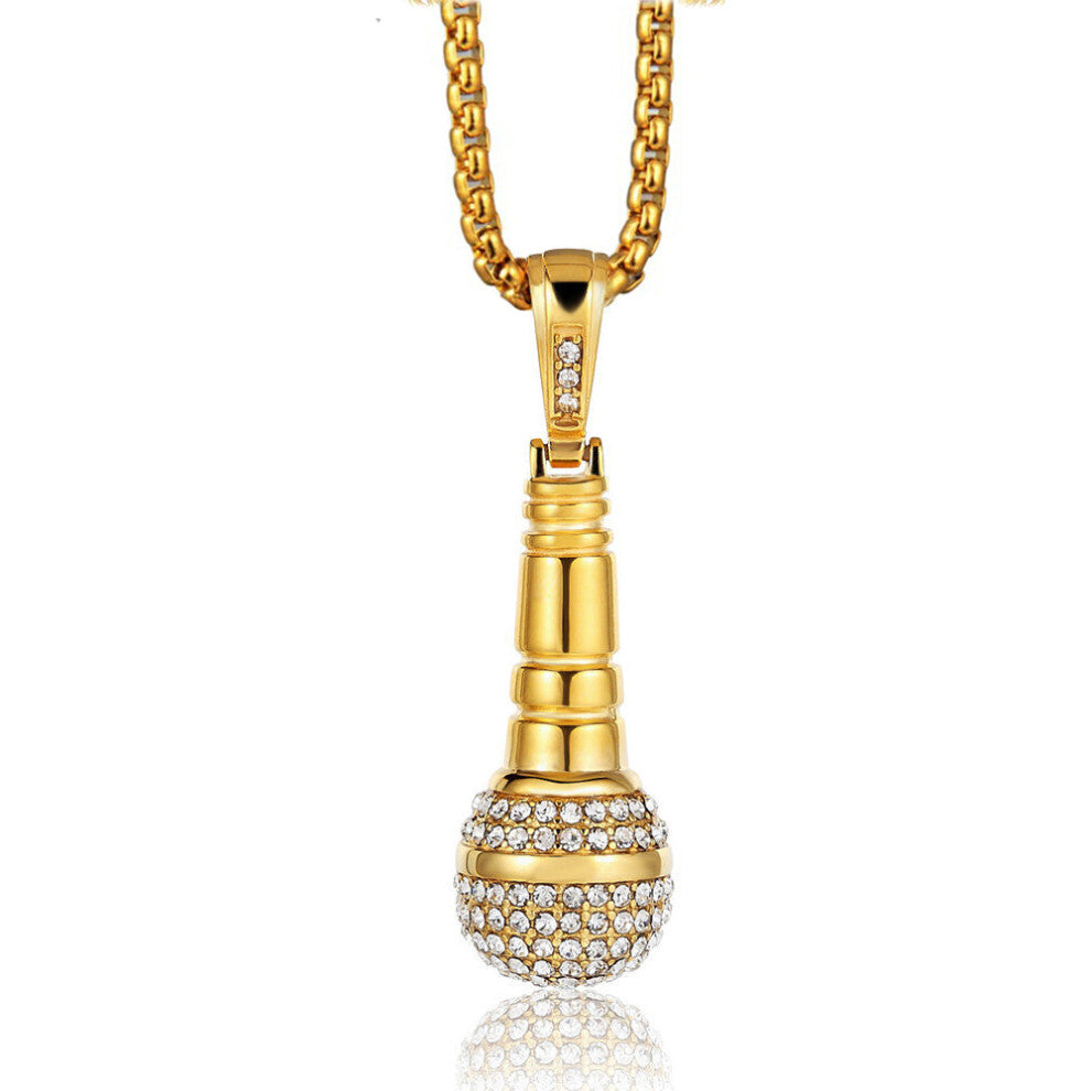 (Gold-color, 60cm) Hip Hop Iced Out Bling Microphone Pendants Necklace For Women-Men Stainless Steel Chain Hiphop Rapper Music Jewelry