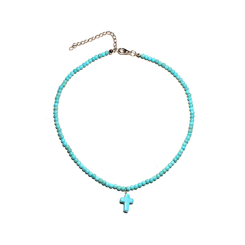 2Colors Natural Stone Chokers Necklaces For Women Charm Light Blue&White Pendant Necklace Prayer Cross Necklace