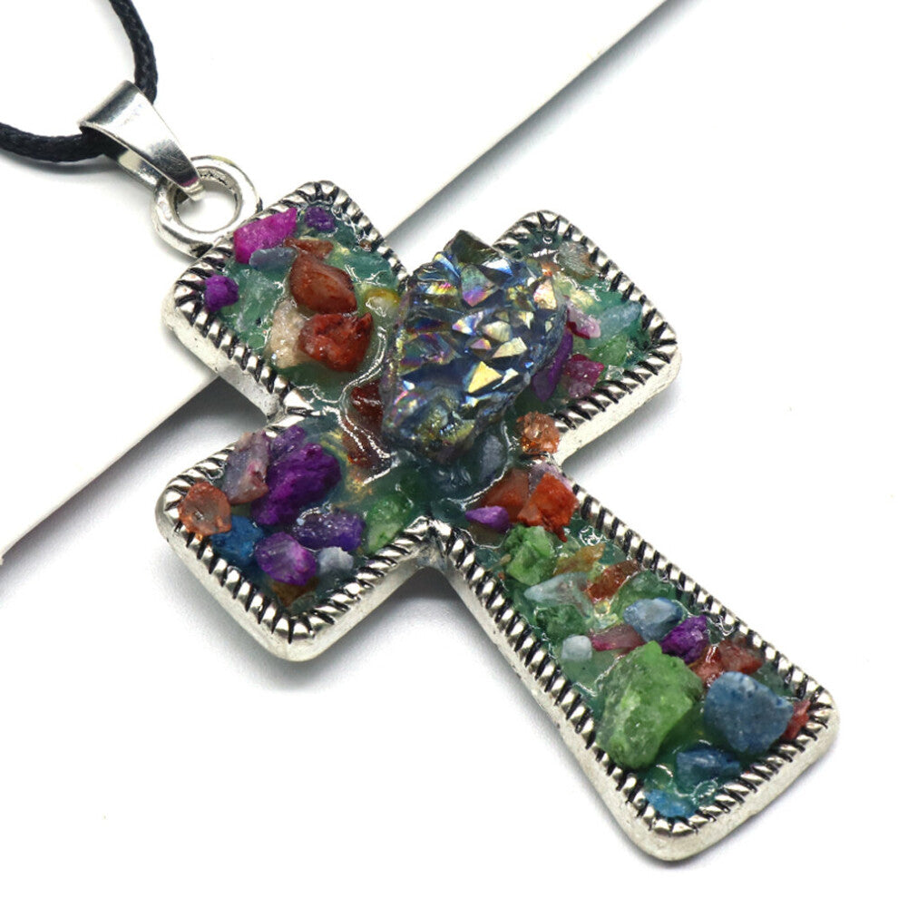 Natural Semi-precious Stones Amethyst Agate Colored Crystal Stone Cross Pendant Necklac DIY CharmNecklace Jewelry Gift