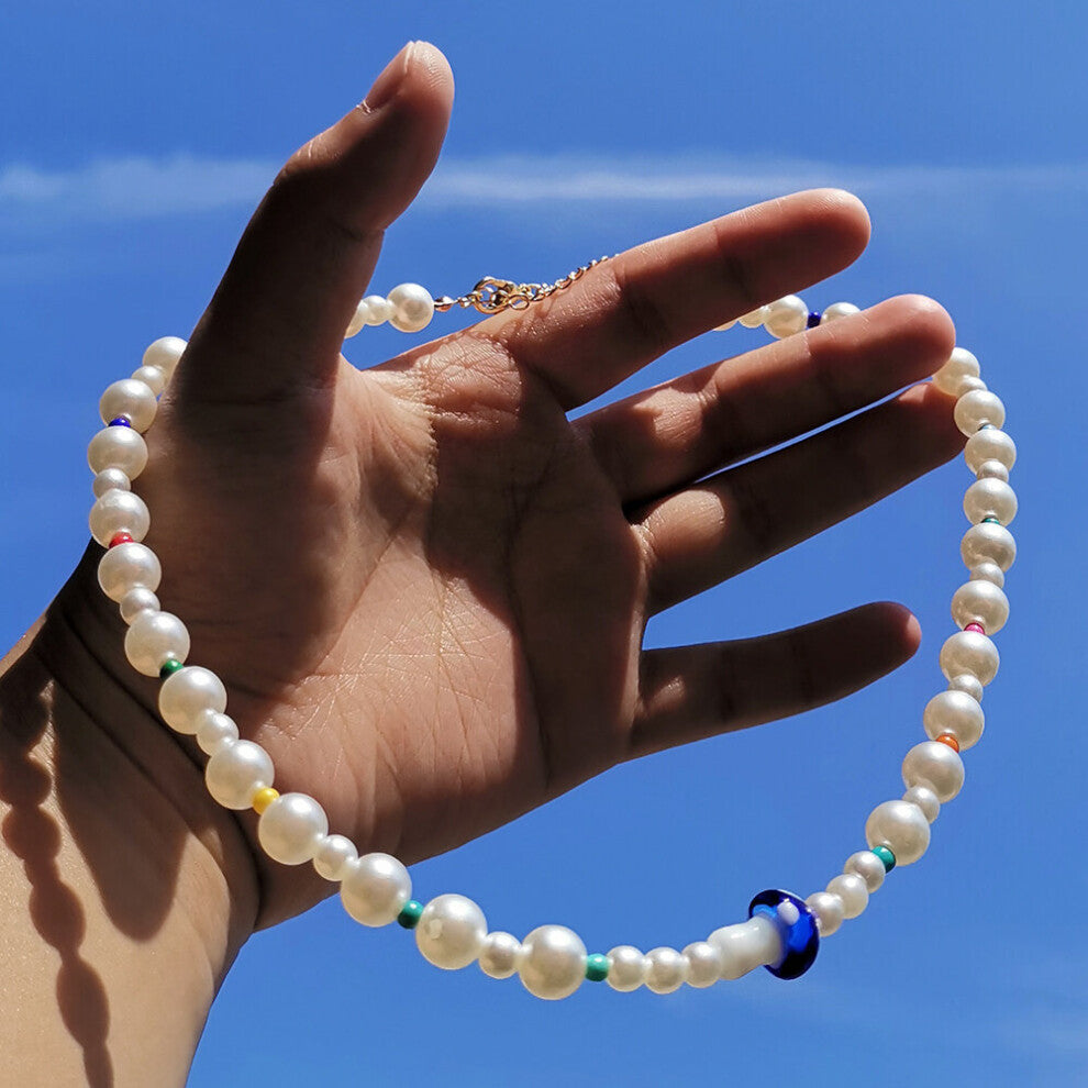 ZX Vintage Simulated Pearl Beaded Chain Chokers Short Necklace for Women Plant Mushroom Beads Necklace