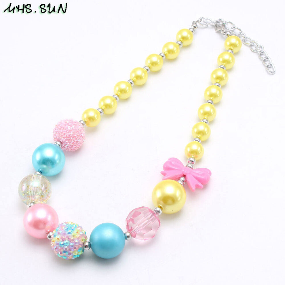Bow Kids Beads Necklace Child Girls Chunky Bubblegum Beads Necklace For Baby Jewelry Colorful Accessories 1Pcs
