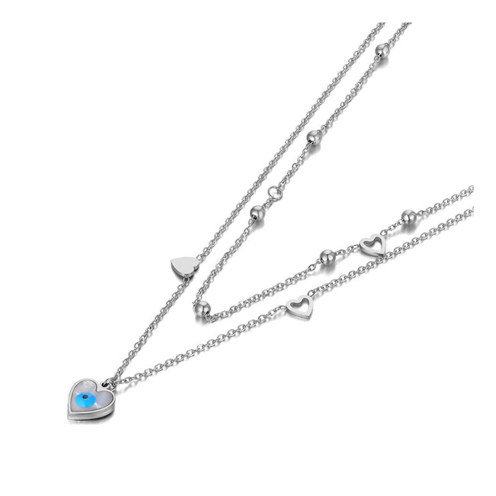 Titanium Stainless Steel Chokers Necklaces Double Layer Turkey Eyes Heart Pendant Necklace For Women N22003