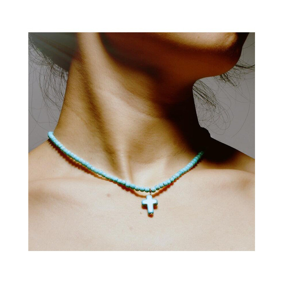 Bohemian Natural 4mm Turquoises Stone Chokers Necklaces For Women Charm Light Pendant Necklace Prayer Cross Necklace