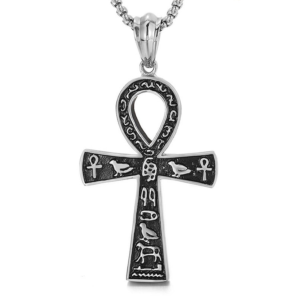 (Steel color, 70cm) Ancient Egyptian Ankh Cross Necklace Stainless Steel Color- Silver Biker Pendant Amulet Egyptian Jewelry