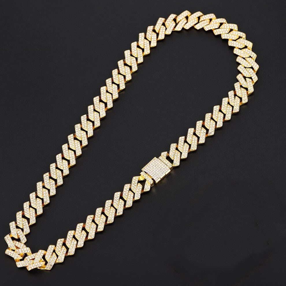 (Light Yellow Gold Color, 35cm) Necklace +Watch+Bracelet Hip Hop Cuban Chain Silver Full Iced Out Chain Paved Rhinestones Hip Hop Men Jewelry Set
