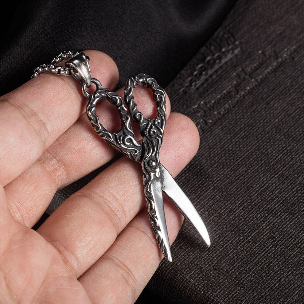(White) Punk Creative Hairstylist Stainless Steel Scissors Pendant Necklace Men's Hip Hop Rock Biker Necklace Jewelry Gift