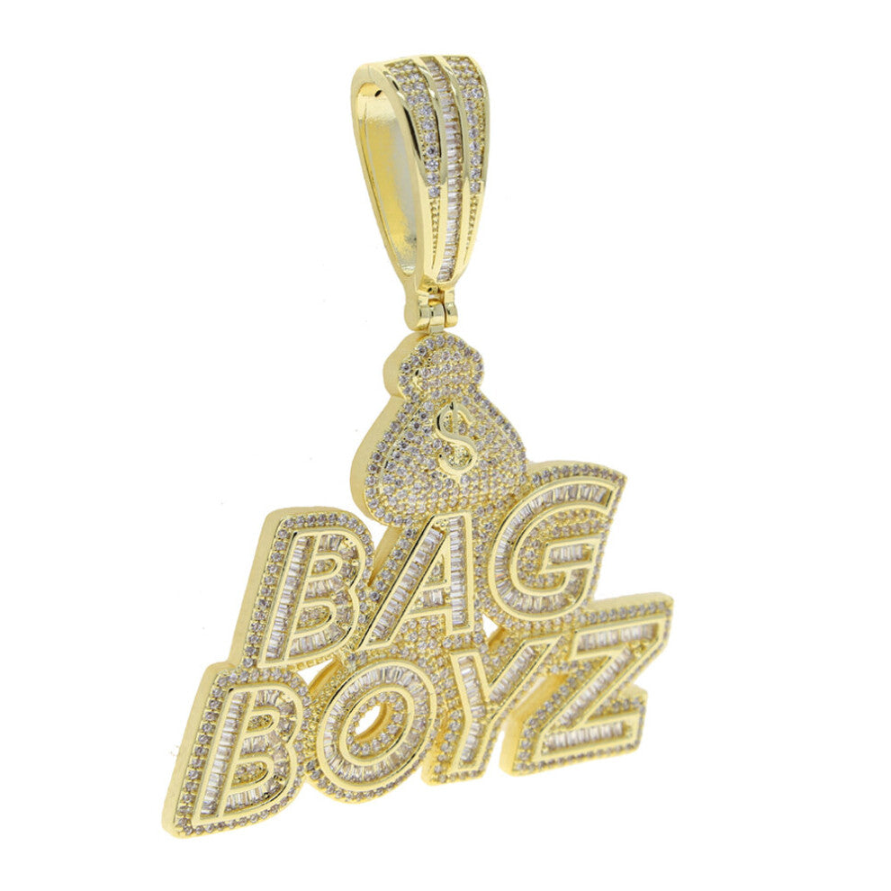 (Gold-color, Only Charm No Chain) CZ Letters Bag Boyz Pendant Necklace Iced Out Bling 5A Cubic Zircon Dollar Symbol Money Charm Hip Hop Men Jewelry