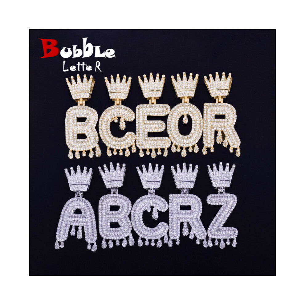 (Black, 45cm) Crown Bail Drip Initials Bubble Letters Chain Necklaces & Pendant For Men Women Cubic Zircon Hip Hop Jewelry