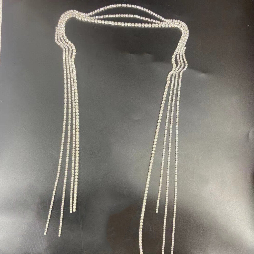 (Gold) Rhinestone Geometric Open Chokers Necklaces Wedding Accessories for Women Crystal Long Tassel Back Chain Neckalce Body Jewelry