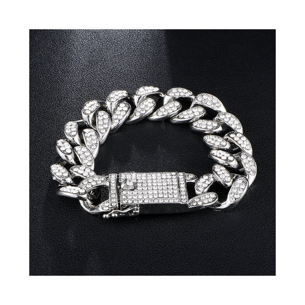 Hip Hop 20MM 3PCS KIT Silver Watch+Necklace+Bracelet Bling Crystal AAA+ Iced Out Cuban Rhinestones Chains For Men Jewelry