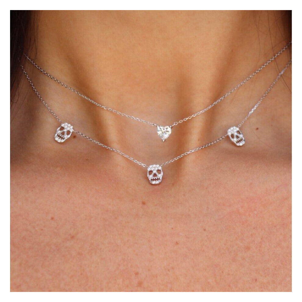 skull 925 silver Women pendant Silver skull necklace full cz headphones punk necklace jewelry Clothing Accessories