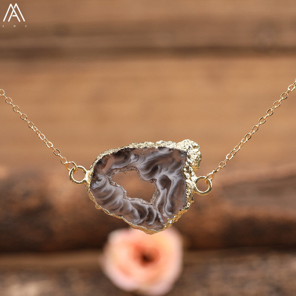 Natural Druzy Geode Agates Stone Slab Pendant Silvery Chains Necklace Women Crystal Quartz Chip Beads Necklace Jewelry Gift