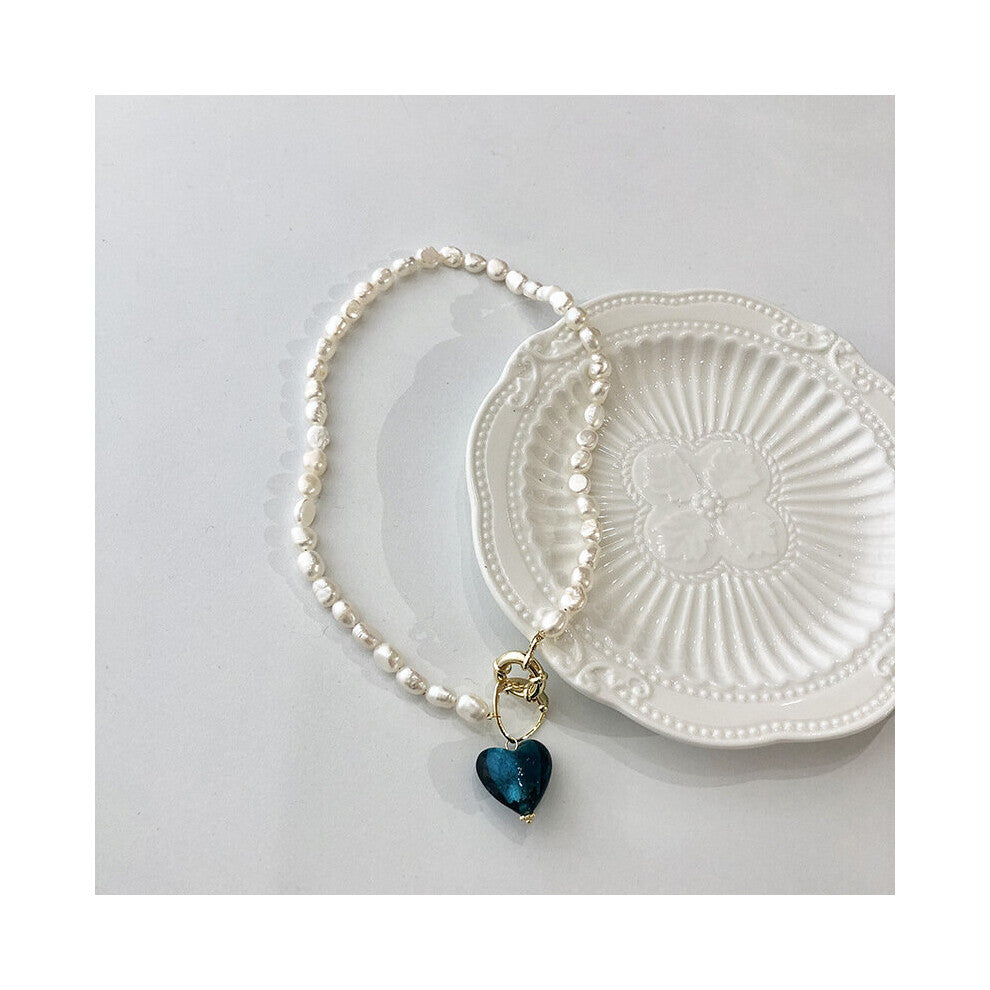 Minar Vintage Green Red Pink Glass Love Heart Pendant Necklace for Women Freshwater Pearl Chokers Necklaces