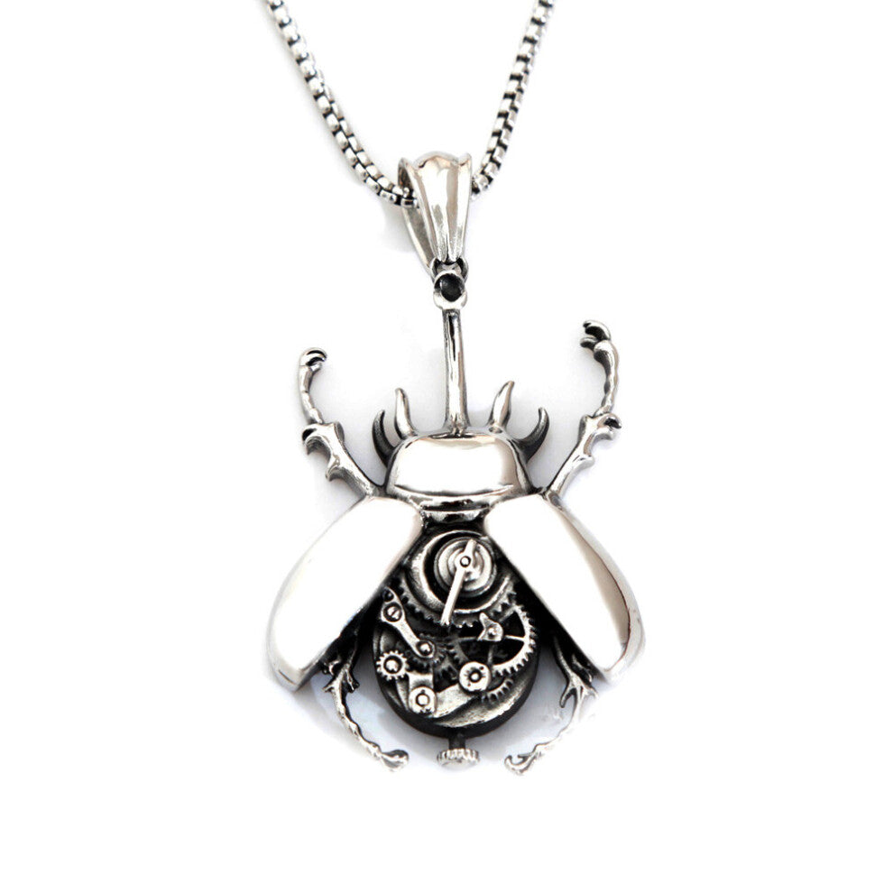 (Steel color, 60cm) Creative Steampunk Mechanical Gear Beetle Pendant Necklace Men Womens Biker Rock Punk Stainless Steel Jewelry Gift